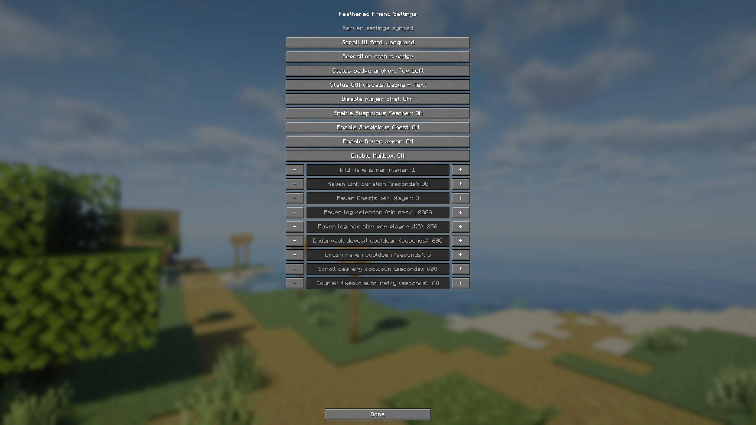 Feathered Friend config and settings screen
