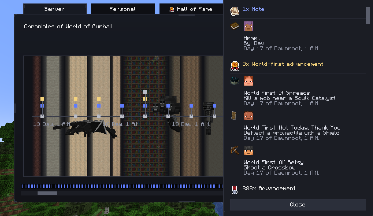 Chronicle screen with callouts for tabs, timeline rail, jump controls, and detail panel.