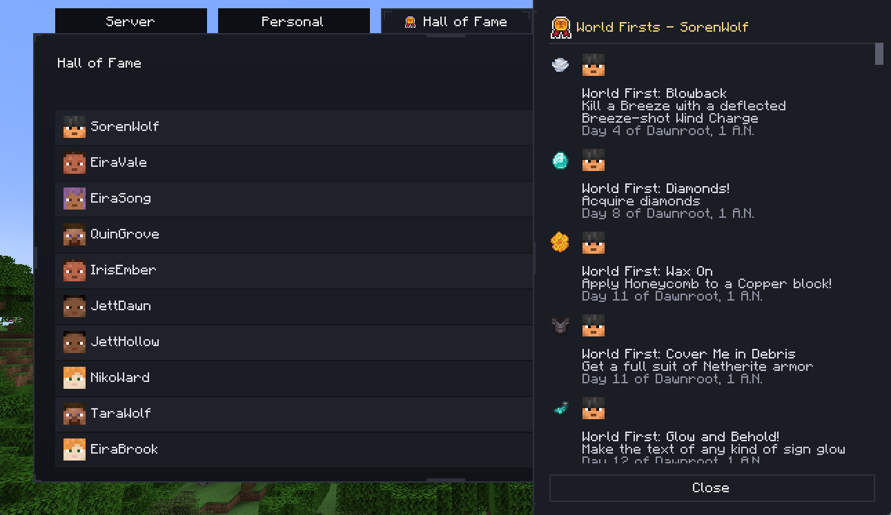 Hall of Fame list and per-player detail view.